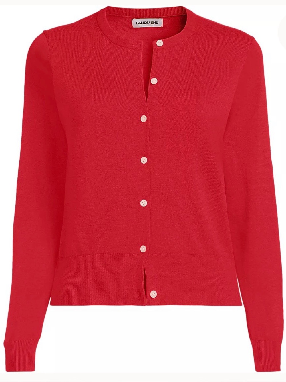 Land’s End Coral Red Fine Gauge Cotton Crew Cardigan Sweater